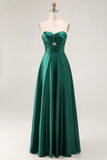 Dark Green A Line Strapless Satin Long Bridesmaid Dress with Lace Up Back