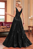 Sparkly Black A Line Pleated Long Prom Dress with Sequins