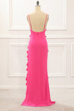 Hot Pink Sheath Spaghetti Straps Maxi Dress with Ruffles Slit