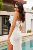 Oksana Gown Feather Trim Sequin Dress Off White