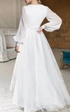 A Line V Neck Long Sleeves Elegant Casual Asymmetrical Chiffon Wedding Dress with Zipper Back