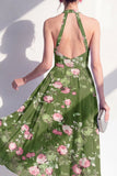 Dark Green Floral Halter A Line Midi Wedding Guest Dress