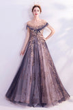 Sparkly Purple A Line Tulle Long Prom Dress