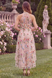 Halter A Line Pink Flower Embroidered High Low Wedding Guest Dress