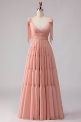 Blush A Line Chiffon Ruched V Neck Long Bridesmaid Dress