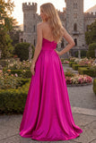Fuchsia Strapless A Line Satin Maxi Prom Dress
