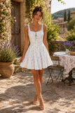 White Warm Rose Print Cotton Ruffled Mini Dress