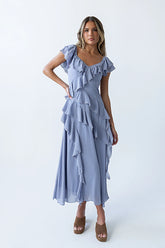 Quinton Ruffle Maxi Dress in Blue