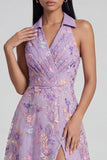 Lilac Floral Embroidered A Line Maxi Wedding Guest Dress with Slit