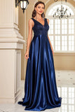 Sparkly Navy A Line V Neck Sequins Satin Formal Dress with Pockets