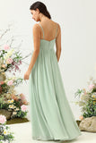 Sage A Line Spaghetti Straps Ruched Long Chiffon Bridesmaid Dress with Slit