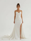 Mermaid Strapless Satin Long Wedding Dress With Slit