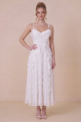 White Ruffled Spaghetti Straps A Line Midi Dress with Lace up Back