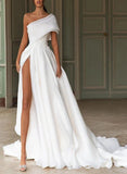 A Line One Shoulder Organza Sweep Train Wedding Dress With Appliques Lace