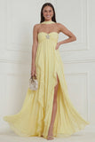 Strapless Halter Daffodil A Line Ruffled Long Wedding Guest Dress