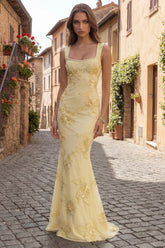 Mermaid Embroidered Yellow Square Neck Long Prom Dress with Pearls