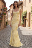 Mermaid Embroidered Yellow Square Neck Long Prom Dress with Pearls