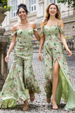 Green Large Flower Sheath Ruched Long Bridesmaid Dress