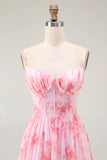 Pink Flower A Line Spaghetti Straps Corset Long Bridesmaid Dress with Ruffles