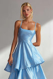 Light Blue A Line Spaghetti Straps Tiered Ruffle Satin Maxi Dress