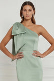 Sage Green One Shoulder Mermaid Satin Long Bridesmaid Dress with Bow