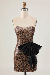 Brown Leopard Bodycon Strapless Short Homecoming Dress with Bow