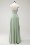 Dusty Sage A Line Spaghetti Straps Chiffon Pleated Long Bridesmaid Dress