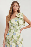One Shoulder Sage Floral Wedding Guest Dress with Bow
