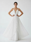 A Line V Neck Straps Spaghetti Sheath Chiffon Wedding Dress
