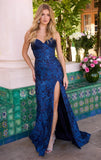 42313 Ava Presley Jacquard Navy Blue Strapless Gown