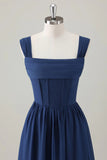 Dark Blue A Line Square Neck Corset Chiffon Long Bridesmaid Dress with Lace Up Back
