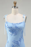 Light Blue Mermaid Spaghetti Straps Long Prom Dress with Appliques