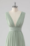 Sage Green V Neck Pleated Chiffon Long Bridesmaid Dress with Slit
