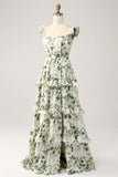 A Line Spaghetti Straps Printed Tiered Long Green Bridesmaid Dress With Slit
