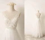 A Line Tulle Lace V Neck Wedding Dress With Sweep Train