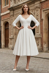 Vintage Sleeved A Line V neck Satin Tea Length Wedding Dress