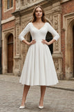 Vintage Sleeved A Line V neck Satin Tea Length Wedding Dress