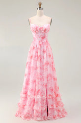 Pink Flower A Line Spaghetti Straps Corset Long Bridesmaid Dress with Ruffles