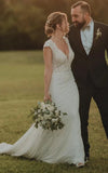 Sheath V neck Chiffon Modern Wedding Dress With Short Sleeve And Sweep Train