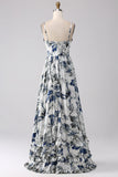 Blue A Line Spaghetti Straps Pleated Printed Long Bridesmaid Dress With Slit
