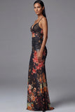 Mermaid Ruched Black Cut Out Floral Formal Dress with Lace up Back