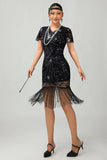 Sparkly Black Golden Gatsby Sequins Short 1920s Dress with Fringes
