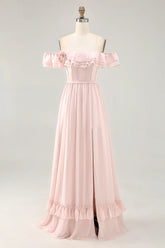 Dusty Sage A line Off The Shoulder Chiffon Long Bridesmaid Dress with Slit