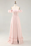 Dusty Sage A line Off The Shoulder Chiffon Long Bridesmaid Dress with Slit