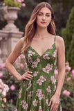 Floral A Line Spaghetti Straps Ruffled Green Wedding Guest Dress