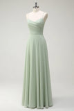 Dusty Sage A Line Spaghetti Straps Chiffon Pleated Long Bridesmaid Dress