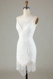 Sparkly White Bodycon Lace Up Back Beaded Short Homecoming Dress with Tassel