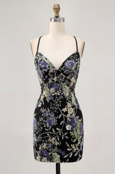Sparkly Black Bodycon Spaghetti Straps Floral Short Homecoming Dress with Sequins