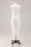 White Satin V Neck Work Dress with Belt
