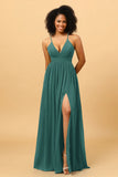 A Line Spaghetti Straps Chiffon Long Bridesmaid Dress with Slit
